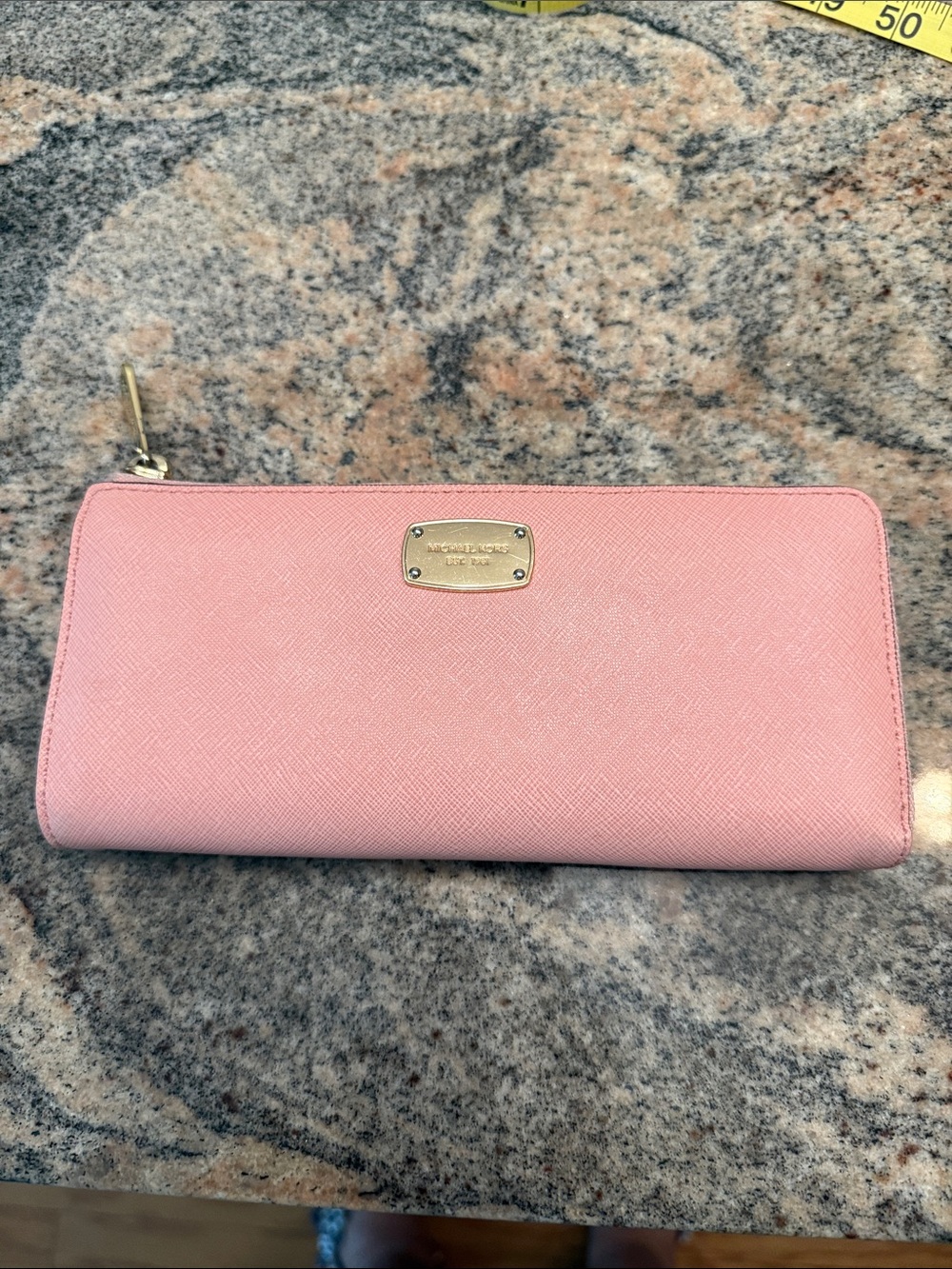 Michael Kors Pink Saffiano Zip Wallet with Gold Plate
